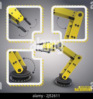 Gelbe Roboter ARM-Konzepte mit drei isolierten Teilen des Roboters In Symbolsatz kombiniert um die Vollversion des Maschinenvektors Abbildung Stock Vektor
