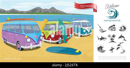 Cartoon-Surfsport-Konzept mit Surf-Vans in der Nähe des Flusses Windsurfen Meer Wellen Hai Delphin Palmen Kitesurfen Symbole Vektor-Illustration Stock Vektor