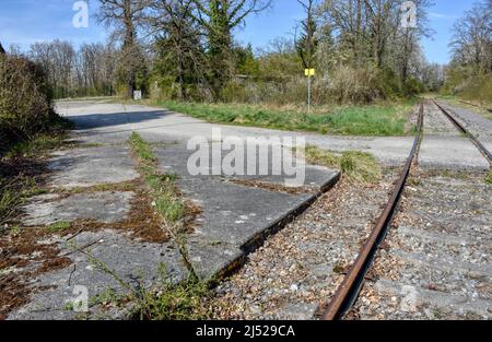Gleis, Gleisen, Anschlussgleich, Normalspur, Gleisbett, Schotter, Schotterbett, Schwelle, Beton, Holz, Eisen, modern, stillgelegt, zweigig, Ros Stockfoto