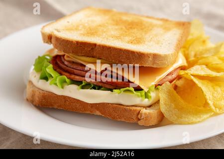 Hausgemachtes gebratene Bologna und Käse-Sandwich mit Chips auf einem Teller, Seitenansicht. Stockfoto