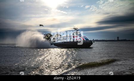 Ein Luftkissenboot namens „Island Flyer“, das von der Isle of Wight aus gereist ist, wird von einer Möwe begleitet, die sich dem Ende seiner Reise nähert Stockfoto