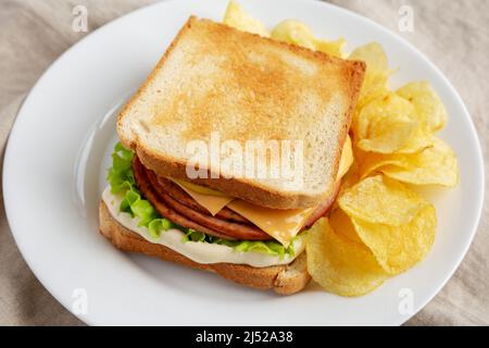 Hausgemachtes gebratene Bologna und Käse-Sandwich mit Chips auf einem Teller, Seitenansicht. Stockfoto