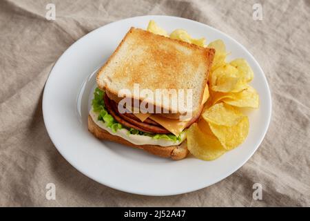 Hausgemachtes gebratene Bologna und Käse-Sandwich mit Chips auf einem Teller, Seitenansicht. Stockfoto