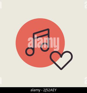 Musikalische Note flache Symbol und Favorit, wie, Liebe, Pflege Symbol. „Gefällt mir“-Musiksymbol. Musiksymbol, Musiksymbol mit Herzzeichen. Stock Vektor