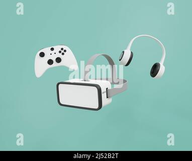 Minimal Virtual Reality VR Brillen Brille Headset mit Joystick und Kopfhörer für Gamer 3D Rendering Illustration Stockfoto