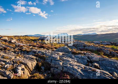 Das niedrige Sonnenlicht umrundt die Landschaft mit einem weiten Blick nach Süden von einem Hügel an der Torrisdale Bay auf die dunkle Silhouette von Ben Loyal am Horizont. Stockfoto
