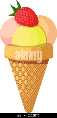Waffelkegel gefüllt mit drei leckeren Kugeln Eis Sommer Dessert Stock Vektor
