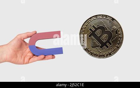 Hand hält Magnet und zieht Bitcoin. Kryptowährung, digitales Geldkonzept. Hochwertige Fotos Stockfoto