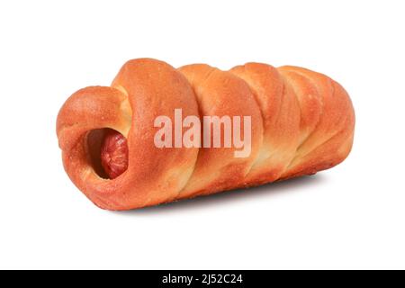 In Teig gebackene Wurst isoliert auf weiß Stockfoto