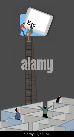 Büroangestellte klettern auf eine Leiter und entfliehen der Arbeit durch ein Fenster, das sich hinter einer Fluchttaste von einer Tastatur in einer 3-d-Abbildung verbirgt. Stockfoto