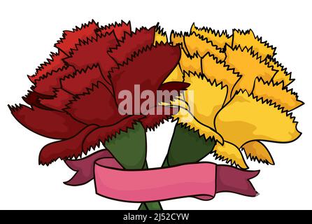 Ansicht der schönen roten und gelben Nelken mit leeren rosa Band Vorlage dekoriert. Design im Cartoon-Stil. Stock Vektor