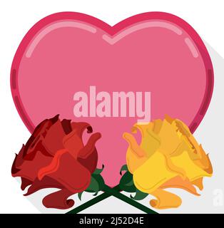 Riesiges rosafarbenes Herz, verziert mit roten und gelben Rosen in Kreuzposition. Stock Vektor