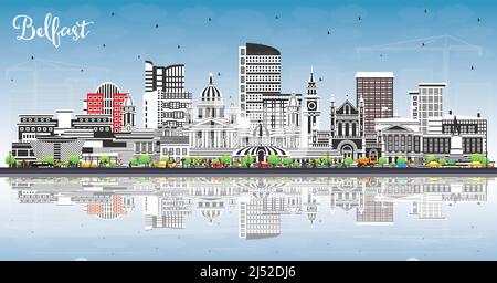 Belfast Northern Ireland City Skyline mit farbigen Gebäuden, blauem Himmel und Reflexionen. Vektorgrafik. Stadtbild von Belfast mit Wahrzeichen. Stock Vektor