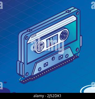Retro-Audiokassettenband. Isometrisches Konzept Für Musik. Retro-Gerät von 80s und 90s auf Blau. Vektorgrafik. Stock Vektor