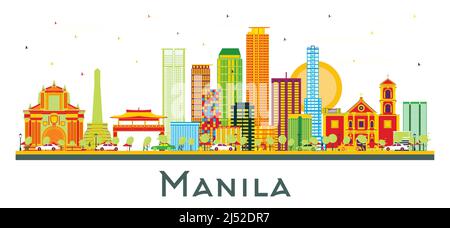 Manila Philippines City Skyline mit farbigen Gebäuden isoliert auf Weiß. Vektorgrafik. Stock Vektor