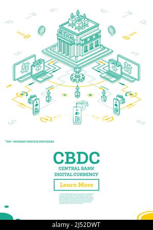 Central Bank Digital Currency oder CBDC. Isometrisches Finanzkonzept mit Schema der Interaktion zwischen Zentralbank und Zahlungsdienstleistern. Stock Vektor