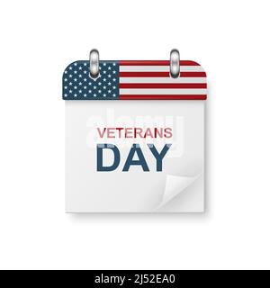 Vector 3D Realistic Veterans Day Paper Klassischer einfacher minimalistischer Kalender mit US-Flaggenfarben-Symbol. Design-Vorlage für Veterans Day Card, Banner Stock Vektor