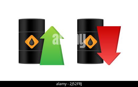 Anstieg und Rückgang der Ölmarktpreise. Ölfässer. Weltweite Inflation. Vektorgrafik. Stock Vektor