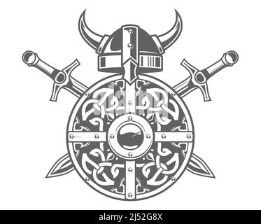 Rundes wikingerschild mit keltischem Muster und gehörntem Helm, barbarisches Wappen mit zwei gekreuzten Schwertern, skandinavisches wikinger-Emblem, Vektor Stock Vektor
