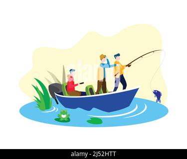 Angeln zusammen auf dem Boot am Fluss oder Swamp und fangen Fisch Illustration Vektor Stock Vektor