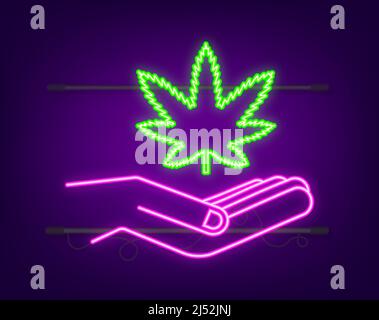 Hand cbd Neonsymbol. Hand hält Marihuana Blatt. Medizinische Behandlung. Vektorgrafik. Stock Vektor