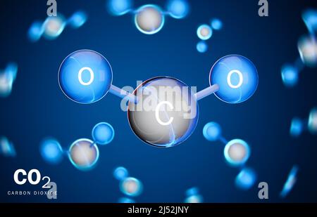 3D Modell des Kohlendioxidmoleküls (CO2). Zwei Atome Sauerstoff und ein Atom Kohlenstoff. 3D Rendern. Stockfoto