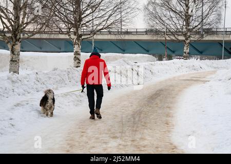 Rovaniemi, Finnland - 18.. März 2022: Ein Mann, der mit seinem Hund auf einer schneebedeckten Straße in Rovaniemi, Finnland, unterwegs ist. Stockfoto