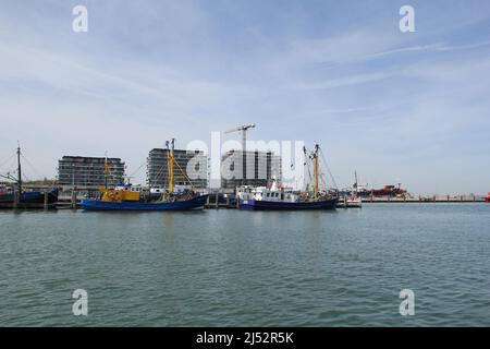 Drei moderne Appartementhäuser im Bau mit großen Kranen am Kai im niederländischen Hafen Breskens und Fischerbooten im Hafen davor Stockfoto