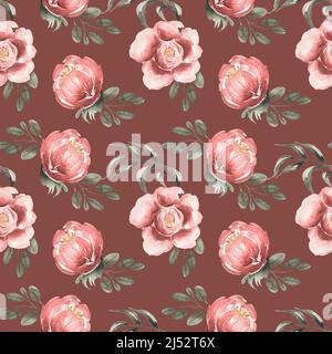 Aquarell handgezeichnet rosa Pfingstrosen Blumen nahtlose Muster, Blumen wiederholen Papier, roten Garten Blumen Hintergrund. Scrapbook Papier Stockfoto