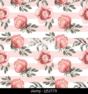 Aquarell handgezeichnet rosa Pfingstrosen Blumen nahtlose Muster, Blumen wiederholen Papier, Garten Blumen und rosa Streifen Hintergrund. Scrapbook Papier Stockfoto