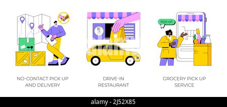 Safe Shopping abstraktes Konzept Vektor Illustration Set. Kontaktlose Lieferung, Drive-in-Restaurant, Lebensmittelabholservice, Online-Bestellung von Lebensmitteln, Take Away, abstrakte Metapher des E-Commerce-Shops. Stock Vektor