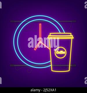 Neonsymbol für die Uhr der Kaffeetasse. Kaffee mit der Uhr. Vektorgrafik. Stock Vektor