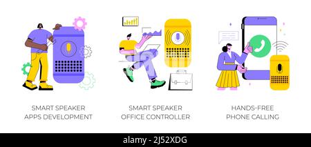 Voice Assistant abstraktes Konzept Vektor Illustration Set. Entwicklung von Apps für intelligente Lautsprecher, Bürosteuerung, Freisprechfunktion, Internet der Dinge, abstrakte Metapher für Sprachbefehlssoftware. Stock Vektor