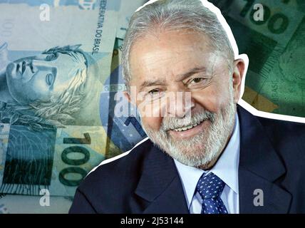 Lula da Silva und 100 haben Bargeldscheine Stockfoto