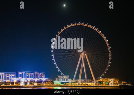 Night Weiw of Ain Dubai ist das größte und höchste Beobachtungsrad der Welt und befindet sich auf der Insel Bluewaters in Dubai Marina, Dubai, Vereinigte Arabische Emirate Stockfoto