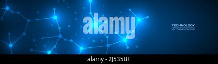 Vektortechnologie-Hintergrund mit abstrakter molekularer Struktur. Technologie dunkelblau Wissenschaft, Forschung oder medizinische Banner-Design. Vektorgrafik Stock Vektor