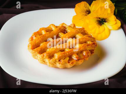 Hausgemachte Ananaskuchen auf einem weißen Teller mit schwarzem Hintergrund, Gourmet-Bäckerei. Traditionelles mexikanisches Süßbrot. Stockfoto