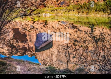 Sandy Beach River Access Colorado River Reflection Green Grass Moab Utah USA Southwest. Stockfoto