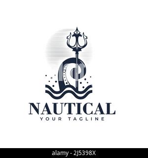 Logo Design Nautisches Template Design mit Tentakel und Dreizack. Vektorgrafiken. Stock Vektor