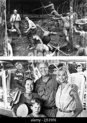 John Lithgow, Aidan Quinn (oben), Kathy Bates, Niilo Kivirinta, John Lithgow, Daryl Hannah (unten), am Set des Films, 'At Play in the Fields of the Lord', Universal Picturs, 1991 Stockfoto