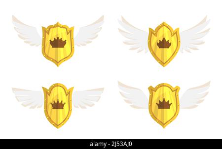Gold Schild Flügel Krone Wappenkrone Sicherheit flach gesetzt. Elegantes Militär Emblem Schutz Sicherheitsabzeichen. Auszeichnung von hoher Qualität königlichen Dynastie Wappen. Retro sichere Form Vorlage heraldry Mittelalter isoliert Stock Vektor