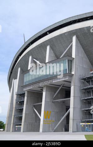 Haupteingang zum Toyota Stadion in Japan. Restaurant mit Aussicht. Stockfoto