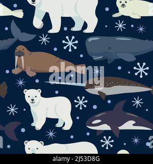 Nahtloses Muster mit arktischen Tieren. Vektor-Cartoon-Illustration von Eisbär, Robbe und Wal. Kinderzimmer und Baby Dekor liebenswert drucken. Stock Vektor