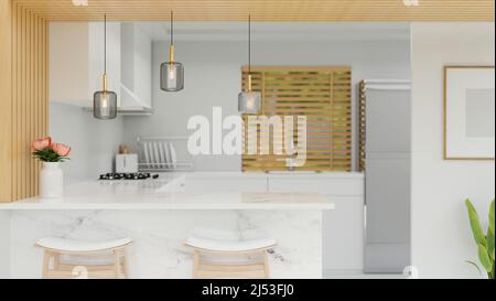 Weiße Luxus-Eleganz Küche Innenarchitektur mit Kopierer Platz auf weißem Marmor Küche Arbeitsplatte oder Kücheninsel mit Hockern. 3D Rendering, 3D illus Stockfoto