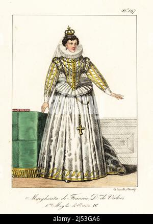 Marguerite von Frankreich, Herzogin von Valois, 1553-1615. Die erste Frau von König Heinrich III. Von Navarra, später Heinrich IV. Von Frankreich. In voller Länge Porträt von ihr in Krone, Spitze Rüschenkragen, spanischen Gericht Kleid mit Röcken über Vertugadin oder Farthingale, schlitzte Mieder und Ärmel. Marguerite de France, Duchesse de Valois. 1er femme de Henry IV. 1 Stockfoto