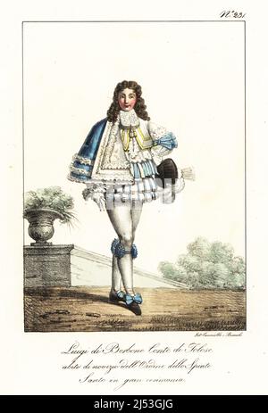 Louis Alexandre de Bourbon, Graf von Toulouse, 1678-1737, in zeremonieller Kleidung eines Novizen des Ordens des Saint-Esprit, kurzer Umhang, Jacke, gepolsterter Schlauch, Strümpfe mit blauen Bändern. Louis de Bourbon, Comte de Toulouse. Habit de novice de l'Ordre du St.Esprit. Costume de Ceremonie. Handkolorierte Lithographie von Lorenzo Bianchi und Domenico Cuciniello nach Hippolyte Lecomte aus Costumi civili e militari della monarchia francese dal 1200 al 1820, Neapel, 1825. Italienische Ausgabe von Lecomtes zivilen und militärischen Kostümen der französischen Monarchie von 1200 bis 1820. Stockfoto