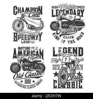 Speedway Club T-Shirt Prints, Motorradsport und Moto Biker Embleme, Vektor. Amerikanische Motocross- und Speedway-Champion-Rennen, Custom Chopper Bike Garage und legendäre Motoren-Slogans Stock Vektor