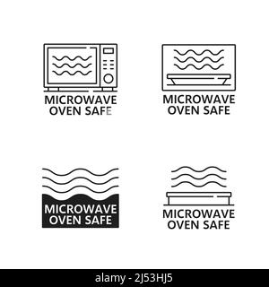 Sichere Symbole und Schilder für Mikrowellengeräte. Vector Elektroofen, Lebensmittel Kochen und Heizung Behälter mit elektromagnetischen Strahlungswellen, Symbole der Mikrowellensicherheit für Kunststoff-oder Glas Küchenutensil Stock Vektor