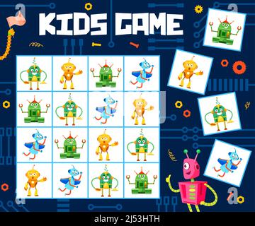 Arbeitsblatt zum Sudoku-Spiel. Cartoon lustige Roboter auf Kinder Puzzle-Spiel, Kindergarten Kinder rebus Buch Vektor-Seite Vorlage. Sudoku-Rätsel für Kinder mit niedlichen Androiden, Alien-Robotern oder Droiden Stock Vektor