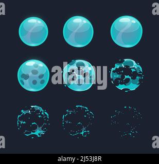 Seifenblase Burst Effekt animierte Sprite. Vektor-Storyboard für Spielanimation. Explosion der Wasserkugel mit Spritzern und Tropfenspritzern. Set von glänzenden blauen Ballons Sequenz explodieren Rahmen Stock Vektor
